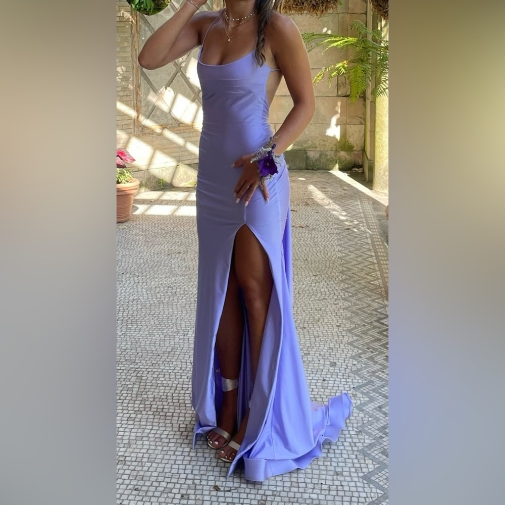 PromGirl Lavender Spaghetti-Strap Maxi Dress with Thigh Slit